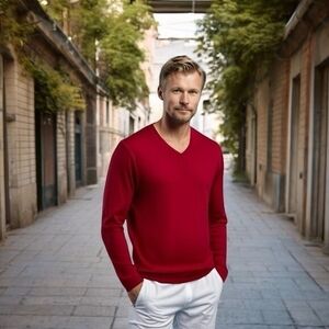 Gap Men's Wine Red Merino Wool V-Neck Sweater L 100% Extra Fine Merino Good+